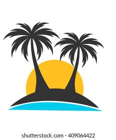 Palm trees on island in sunset. Vector illustration