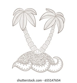 Palm trees on the island Zen Tangle vector illustration. A trip to Hawaii Zentangle. Vacation at the resort. The waves of the sea.