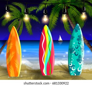 Palm Trees On Night Beach Surfing Boards And Boat Background Vector