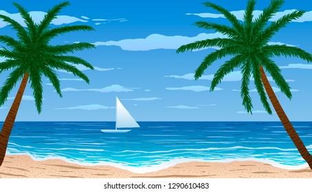 Palm trees on ocean beach. Sailing yacht on the horizon. Vector Illustration. 