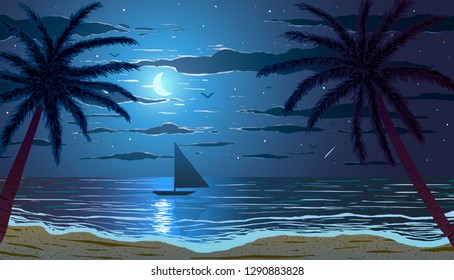 Palm trees on ocean beach at moonlight night. Vector Illustration. 