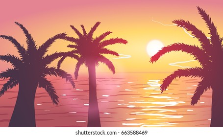 Palm trees on ocean beach at sunset. Vector Illustration. 
