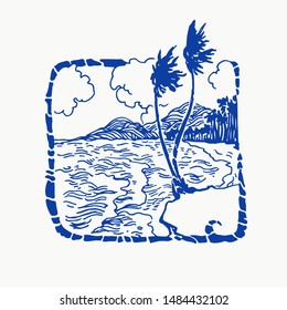 Palm trees on ocean coast in ornamental frame. South American sea landscape in sketch style. Vector vintage decorative illustration of tropical beach.