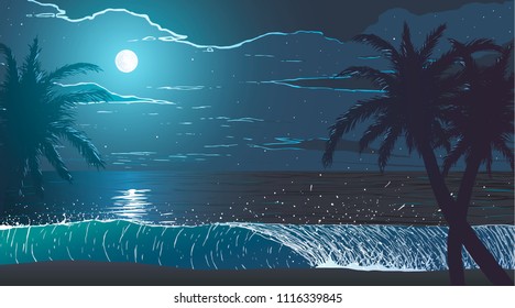 Palm trees on ocean shore at night