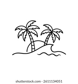 Palm Trees on Ocean Wave Vector – Line Art, Tropical Beach Illustration, Summer Clipar
