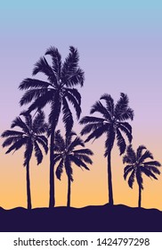 Palm trees on an orange blue sunset, vector art illustration.