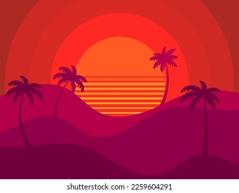 Palm trees on a retro sunset background. Tropical palm trees against the backdrop of a futuristic sunset. Design for promotional products, banner and poster. Vector illustration