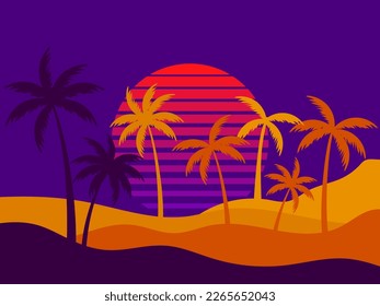 Palm trees on a retro sunset background. Tropical palm trees against the backdrop of a futuristic sunset. Design for promotional products, banner and poster. Vector illustration