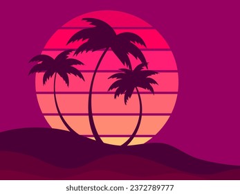 Palmen auf Retro-Hintergrund. Tropische Palmen vor dem Hintergrund eines futuristischen Sonnenuntergangs. Design für Werbeprodukte, Banner und Poster. Vektorgrafik