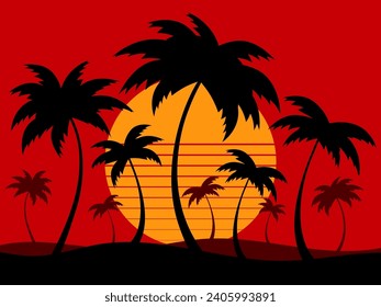 Palm trees on a retro sunset background. Tropical palm trees against the backdrop of a futuristic sunset. Design for promotional products, banner and poster. Vector illustration