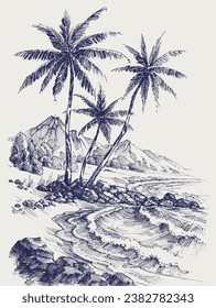 Palm trees on rocky sea shore vector hand drawing