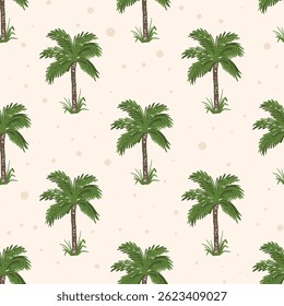 Palm trees on sand seamless pattern. Tropical exotic palm background. Palm trees print for textile, paper, fabric, packaging, vector graphics