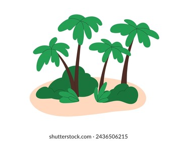 Palm trees on sandy island. Tropical leaf plants on sand. Exotic south uninhabited land, summer resort, southern paradise, African terrain. Flat vector illustration isolated on white background