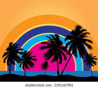 palm trees on the sea and background with rainbow old