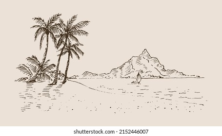 Palm trees on the sea coast. Hand drawn sketch. Perfect for postcard