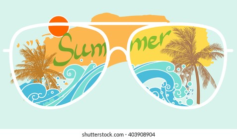 Palm trees on sea shore through glasses. Vector illustration