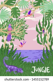 Palm trees on the seashore and wild animals, sunset on the beach, children's bright color illustration. Invitation to the zoo or picnic. Wild birds. Vector flat cartoon illustration