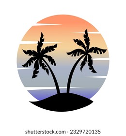 Palm Trees on see shore, with beautiful sunset - vector logo. Travel and vacation illustration.