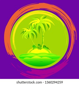 Palm trees on a small island in a bright circle. Poster with   palm tree. Summer vacation in tropics. Cartoon  illustration. 