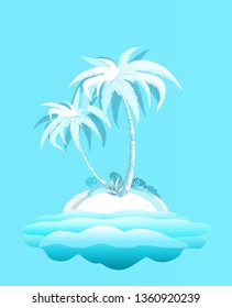 Palm trees on a small island. Poster with   palm tree. Summer vacation in tropics. Cartoon  illustration. 