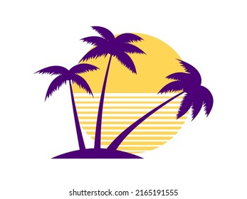 Palm trees on a sunset 80s retro sci-fi style isolated on white background. Summer time. Leaning palm tree. Design for advertising brochures, banners, posters, travel agencies. Vector illustration