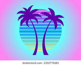 Palmeras al estilo retro de la ciencia ficción de la puesta de sol de los años 80. Hora de verano. Sol futurista. Sintonismo y estilo de reola. Fondo de degradado rosa y azul. Diseño de pancartas y afiches. Ilustración del vector