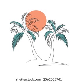Palm trees on sunset backdrop in one line. Drawing with single continuous line. Tropical vegetation. Editable stroke. Modern minimal in line art style. Vector linear illustration. 