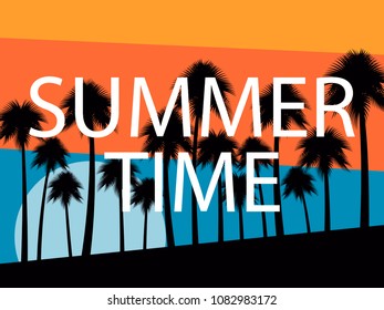 Palm trees on a sunset background. Summer time. Tropical landscape, beach vacation. Vector illustration