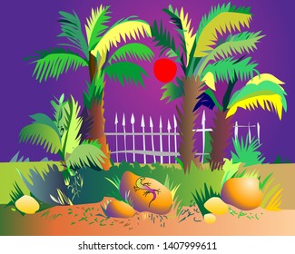 palm trees on a sunset background with a lizard on a stone