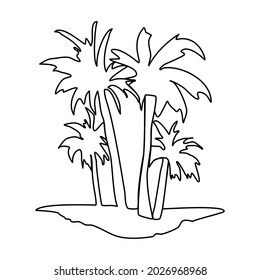 Palmeras en una isla de playa tropical en el verano del mar Viaje Continuo Línea de Dibujo Vector Ilustración