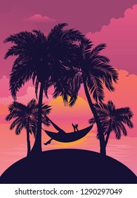 Palm trees on tropical island landscape, sunrise or sunset background.