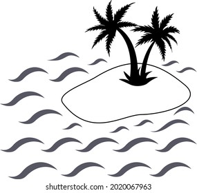 Palm trees on tropical island surrounded by the sea. Black and white image  