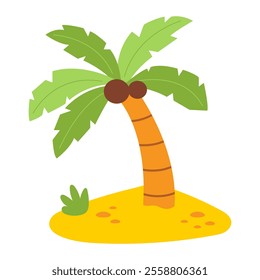 Palm trees on a tropical island, a serene beach scene with ocean and sand, vector illustration.