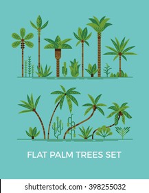 palm trees and other tropical exotic plants vector illustration set. Lush forest. Rainforest jungle trees, plants, shrubs and bushes, paradise beach resort crooked palm trees, trendy flat design