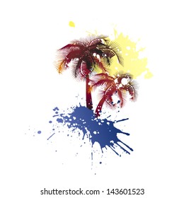 Palm trees from paint spots with the sea and the sun