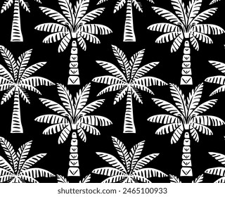 Patrón de palmeras, hawaiano, estilo miami, colores blanco y negro, Vector gráfico sin fisuras artísticas, impresión tropical abstracta. Dibujos animados con estampado Hawaii sin fisuras. Todo con estampado tropical.