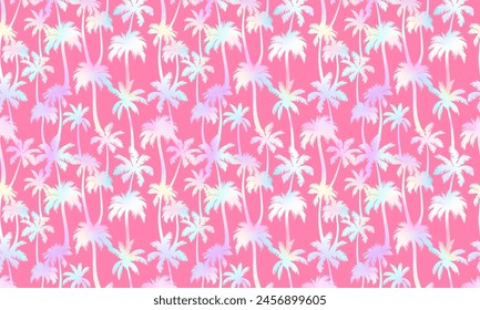 Palm trees pattern horizontal background. Vector holographic tropical jungle texture on pink background. Abstract gradient palm silhouettes summer print for textile, exotic wallpapers, decor, wrapping