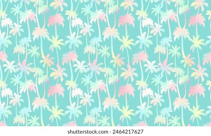 Palm trees pattern horizontal background. Vector holographic tropical jungle texture on green background. Abstract gradient palm silhouettes summer print for decor, exotic wallpapers.