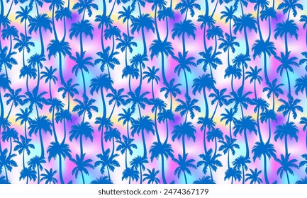 Palm trees pattern horizontal background. Vector blue tropical jungle texture on neon background. Abstract holographic gradient palm silhouettes summer print for wallpapers, decor, design.