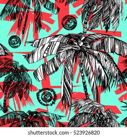 Palm trees pattern tropical vector Amazing palm leaves background with geometric. Great tropical design work for floral design. 