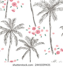 Palm trees, pink flowers, white background. Vector floral seamless pattern. Tropical illustration. Exotic plants. Summer beach design. Paradise nature