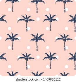 Palm trees pink polka dot retro style seamless pattern design. Pale colors summer print fun texture.