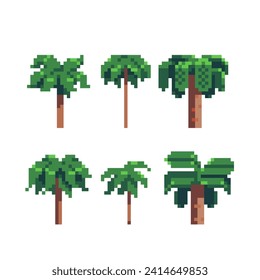 Palm trees pixel art icon set 8-bit sprite, Game assets. Element design for stickers, embroidery, mobile app. Isolated abstract vector illustration. 