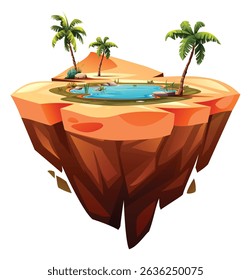 Palmeiras e oásis de lagoa em terreno de ilha flutuante quente no deserto. Ilustração de desenho animado vetorial