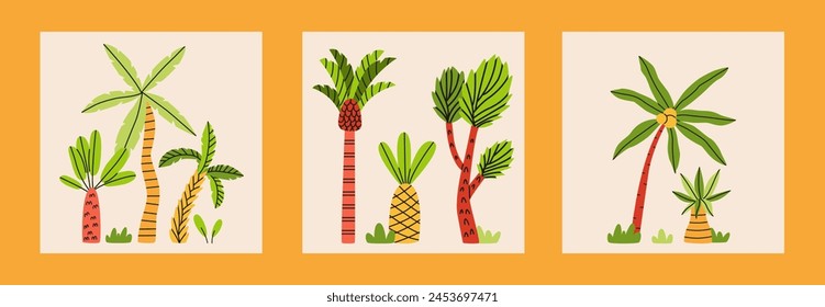 Palm trees posters set. Set of tropical illustration in hand drawn style. Summer jungle compositions for kids design, cards. Vector flat illustration.