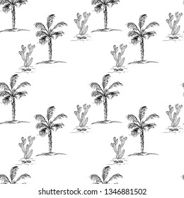 Palm trees and prickly pear in the desert. Seamless pattern. Vector illustration.