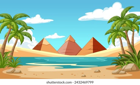 Palm trees and pyramids beside a serene oasis.