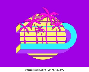 Palm trees with retro style suns and 3D geometric shape. Tropical palm trees with black outline and sun in 80s style. Design for banners, prints and posters. Vector illustration