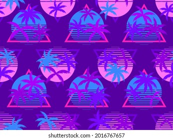 Palm trees and retro sun in the style of the 80s. Seamless pattern in synthwave and retrowave style. Retro futuristic sunset. Design for advertising brochures, banner and print. Vector illustration