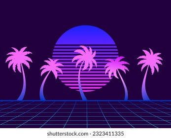 Palm trees and retro sunset. Landscape with virtual reality grid. Futuristic sunset with palm trees in 80s style. Retro wave design for banners and posters. Vector illustration